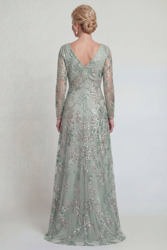Green A Line Long Sleeves Sequin Mother of the Bride Dress with Slit