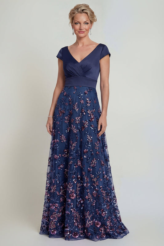 Navy Sequins A-Line V-Neck Long Mother of the Bride Dress with Cap Sleeves