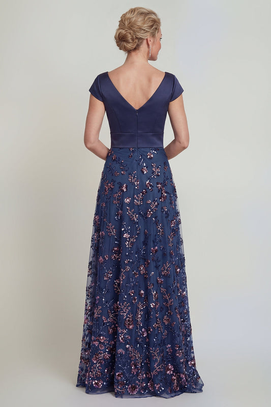 Navy Sequins A-Line V-Neck Long Mother of the Bride Dress with Cap Sleeves