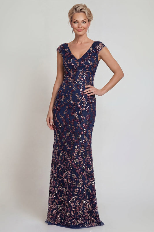 Sparkly Navy Sheath Cap Sleeves Long Mother of the Bride Dress with Sequins