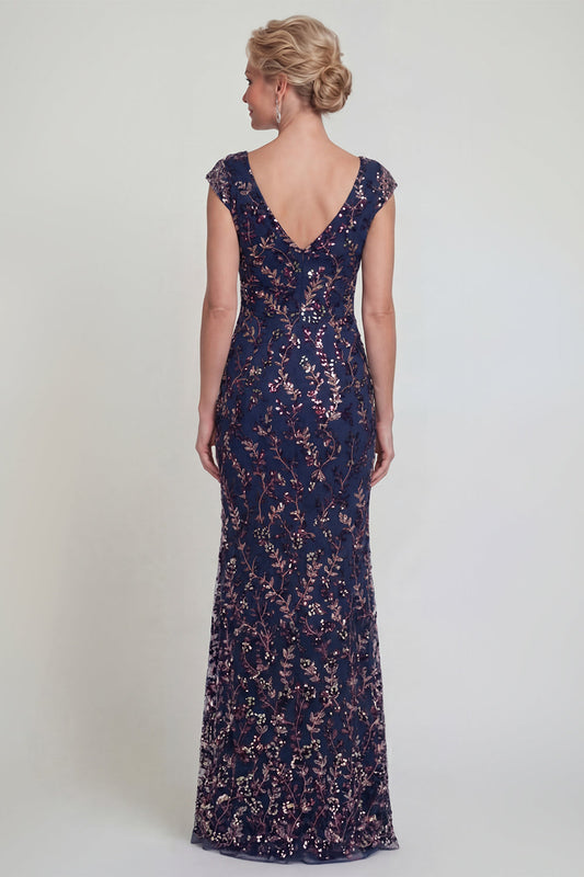 Sparkly Navy Sheath Cap Sleeves Long Mother of the Bride Dress with Sequins