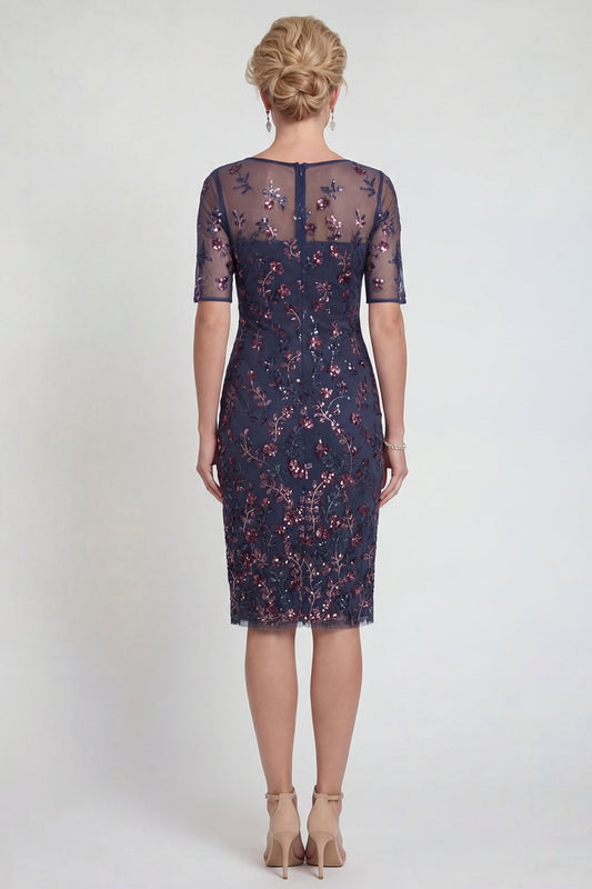 Navy Sheath Sequined Boat Neck Midi Mother of the Bride Dress