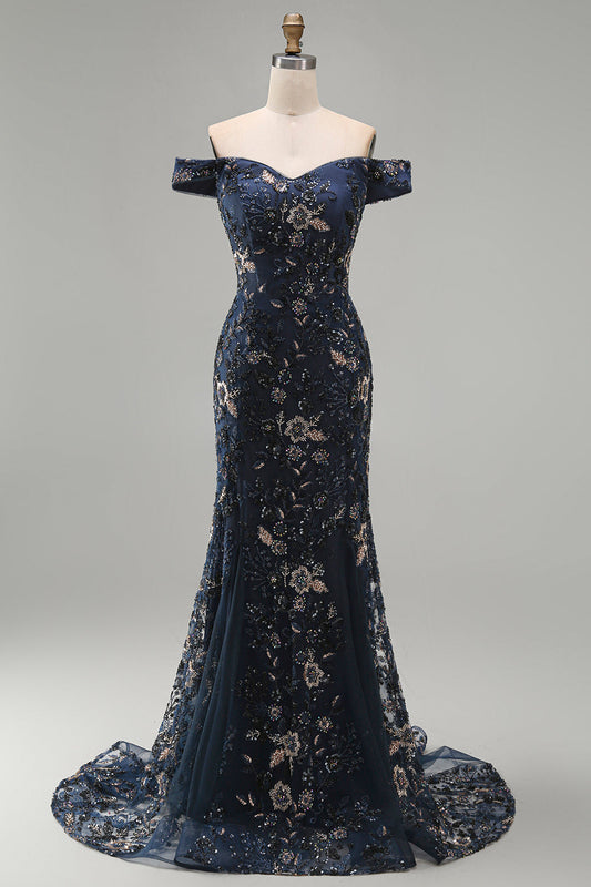 Navy Mermaid Off-The-Shoulder Long Mother of the Bride Dress with Sequins