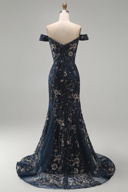 Robe de soirée longue sirène bleu marine à épaules dénudées avec perles et motif floral pour la mère de la mariée