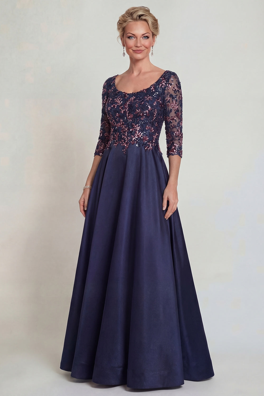 Navy Sequins A-Line Long Mother of the Bride Dress with Half Sleeves