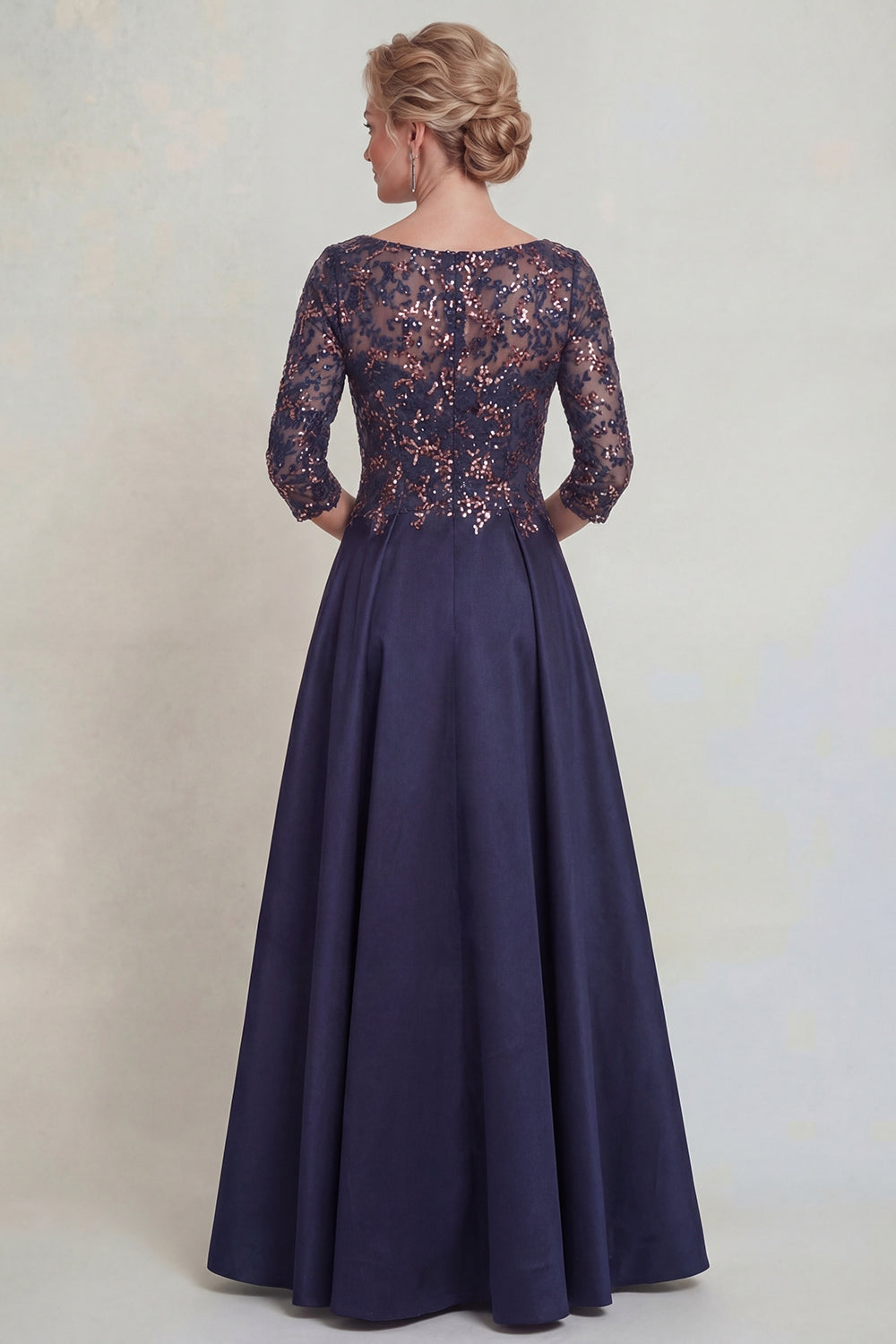 Navy Sequins A-Line Long Mother of the Bride Dress with Half Sleeves