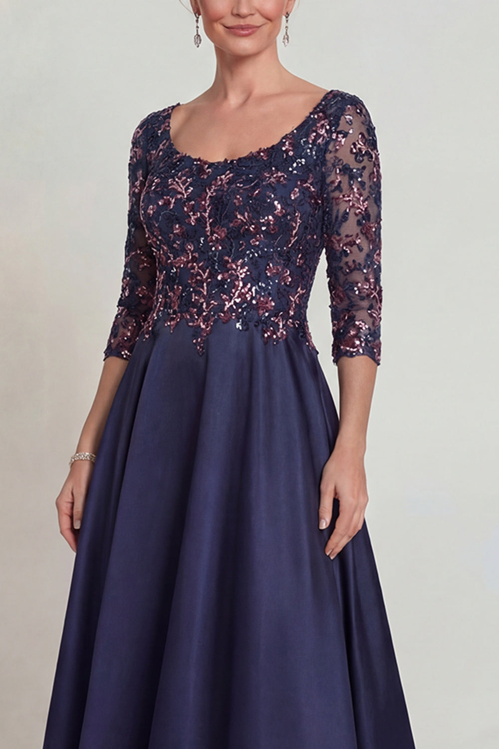 Navy Sequins A-Line Long Mother of the Bride Dress with Half Sleeves