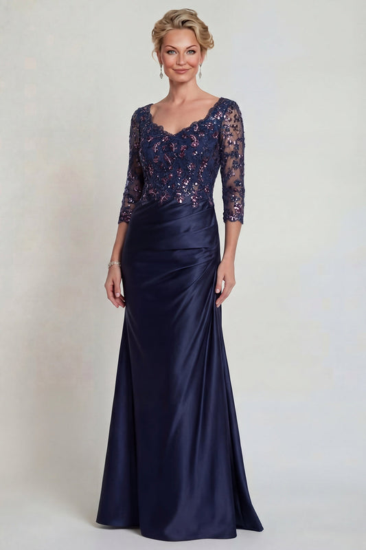 Robe de Mère de la Mariée sirène bleu marine à col en V ornée de paillettes et de manches 3/4