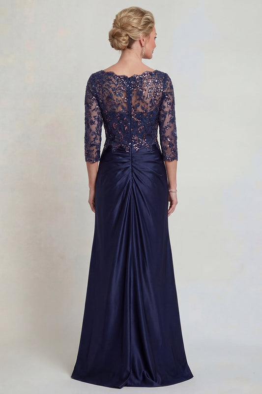 Robe de Mère de la Mariée sirène bleu marine à col en V ornée de paillettes et de manches 3/4