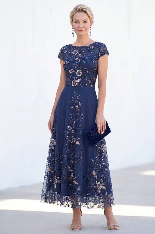 Sparkly Navy Sheath Sequins Boat Neck Midi Mother of the Bride Dress