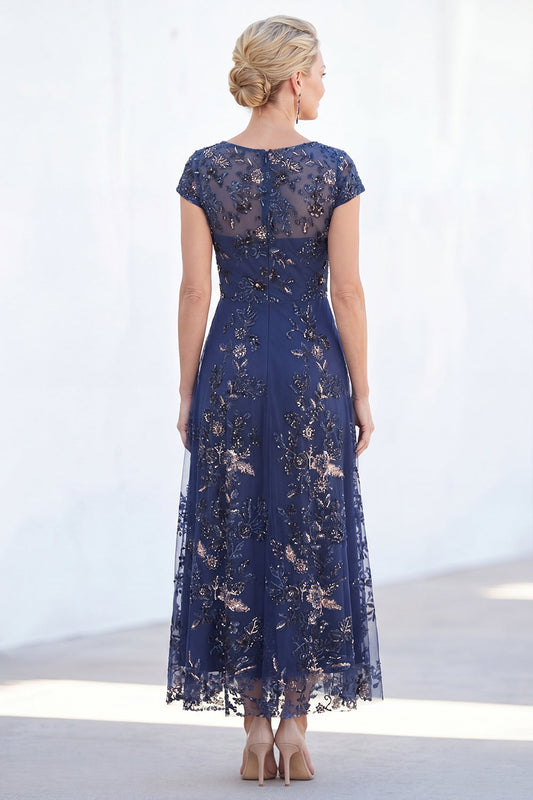 Sparkly Navy Sheath Sequins Boat Neck Midi Mother of the Bride Dress