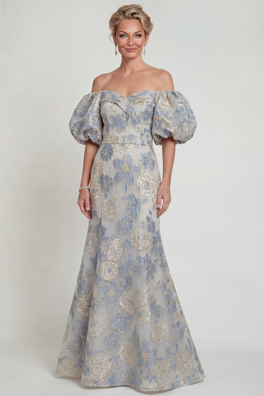 Floral Dusty Blue Mermaid Off The Shoulder Mother Of The Bride Dress