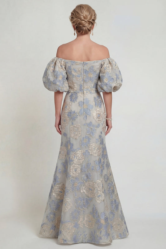 Floral Dusty Blue Mermaid Off The Shoulder Mother Of The Bride Dress
