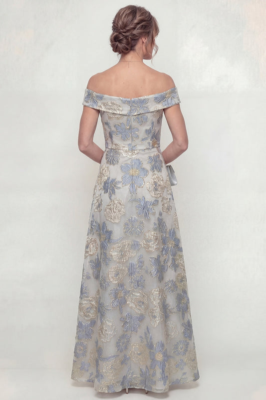 Dusty Blue A-Line Floral Off-the-Shoulder Mother of the Bride Dress
