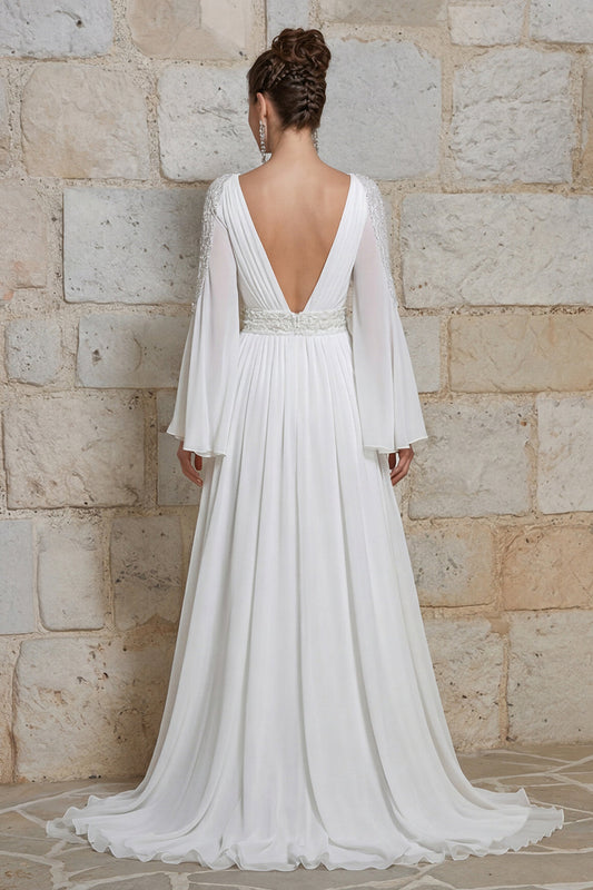 Vestido de Novia Marfil Escote V Manga Larga Floral con Abertura