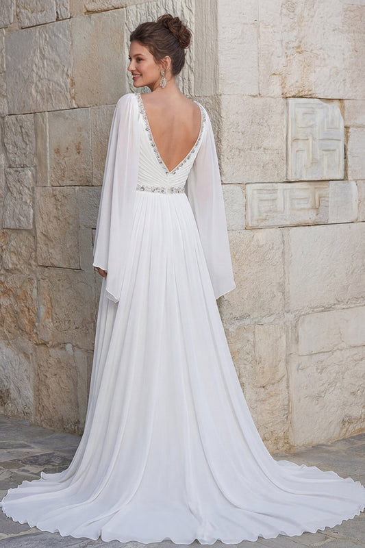 Sparkly Ivory Chiffon A-Line V-Neck Long Wedding Dress with Slit