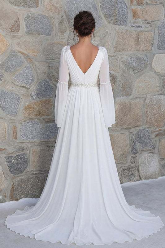Sparkly Ivory Beaded V Neck Long Sleeves Wedding Dress with Slit