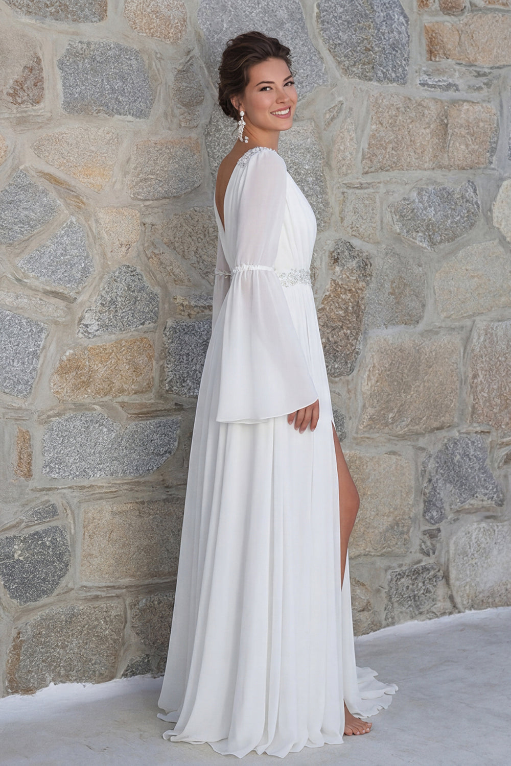 Sparkly Ivory Beaded V Neck Long Sleeves Wedding Dress with Slit