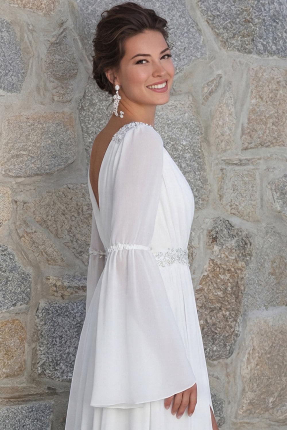 Sparkly Ivory Beaded V Neck Long Sleeves Wedding Dress with Slit