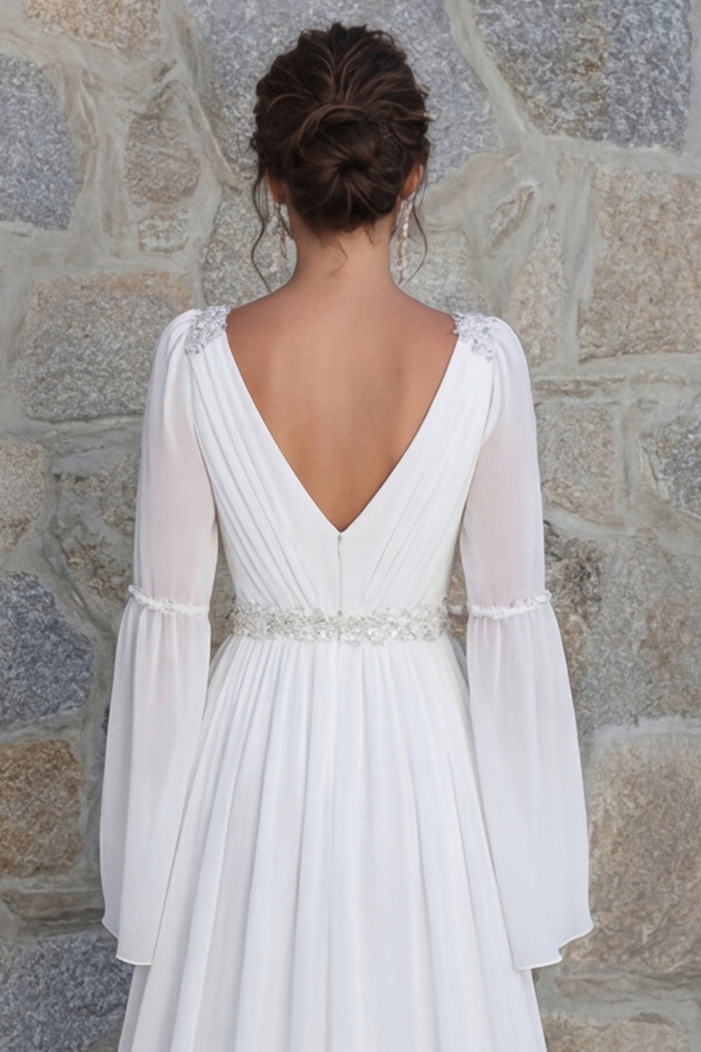 Sparkly Ivory Beaded V Neck Long Sleeves Wedding Dress with Slit