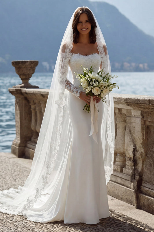 Ivory Off-the-Shoulder Mermaid Sweep Train Beach Wedding Dress with Lace