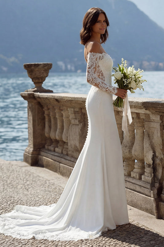 Ivory Off-the-Shoulder Mermaid Sweep Train Beach Wedding Dress with Lace