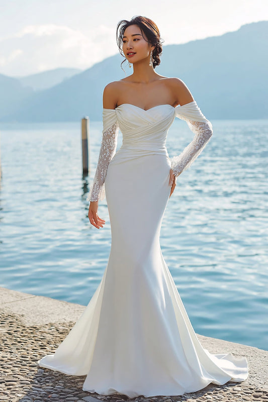 Ivory Mermaid Off-The-Shoulder Sweep Train Boho Wedding Dress with Sleeves