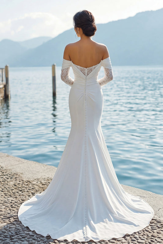 Ivory Mermaid Off-The-Shoulder Sweep Train Boho Wedding Dress with Sleeves