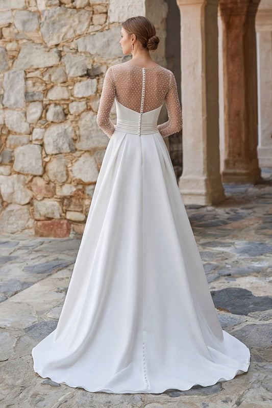 Sparkly Ivory A-Line Beaded Long-Sleeve Sweep Train Boho Wedding Dress with Slit