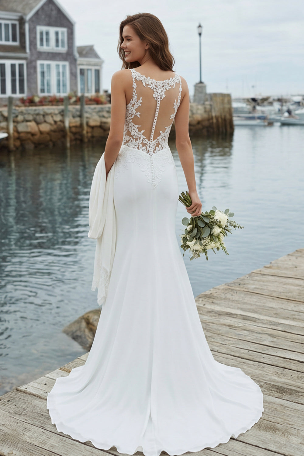 Ivory Mermaid Appliqued Satin Wedding Dress with Court Train