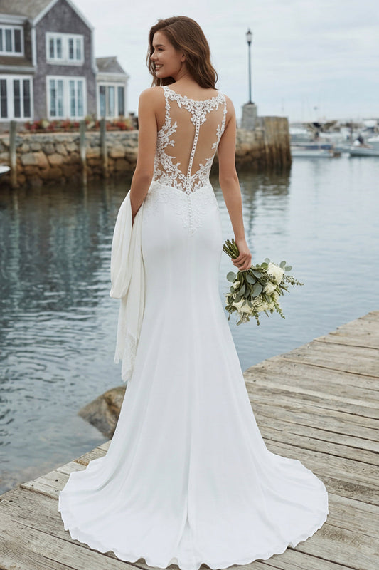 Robe de mariée en satin ivoire avec appliques de sirène et traîne chapelle
