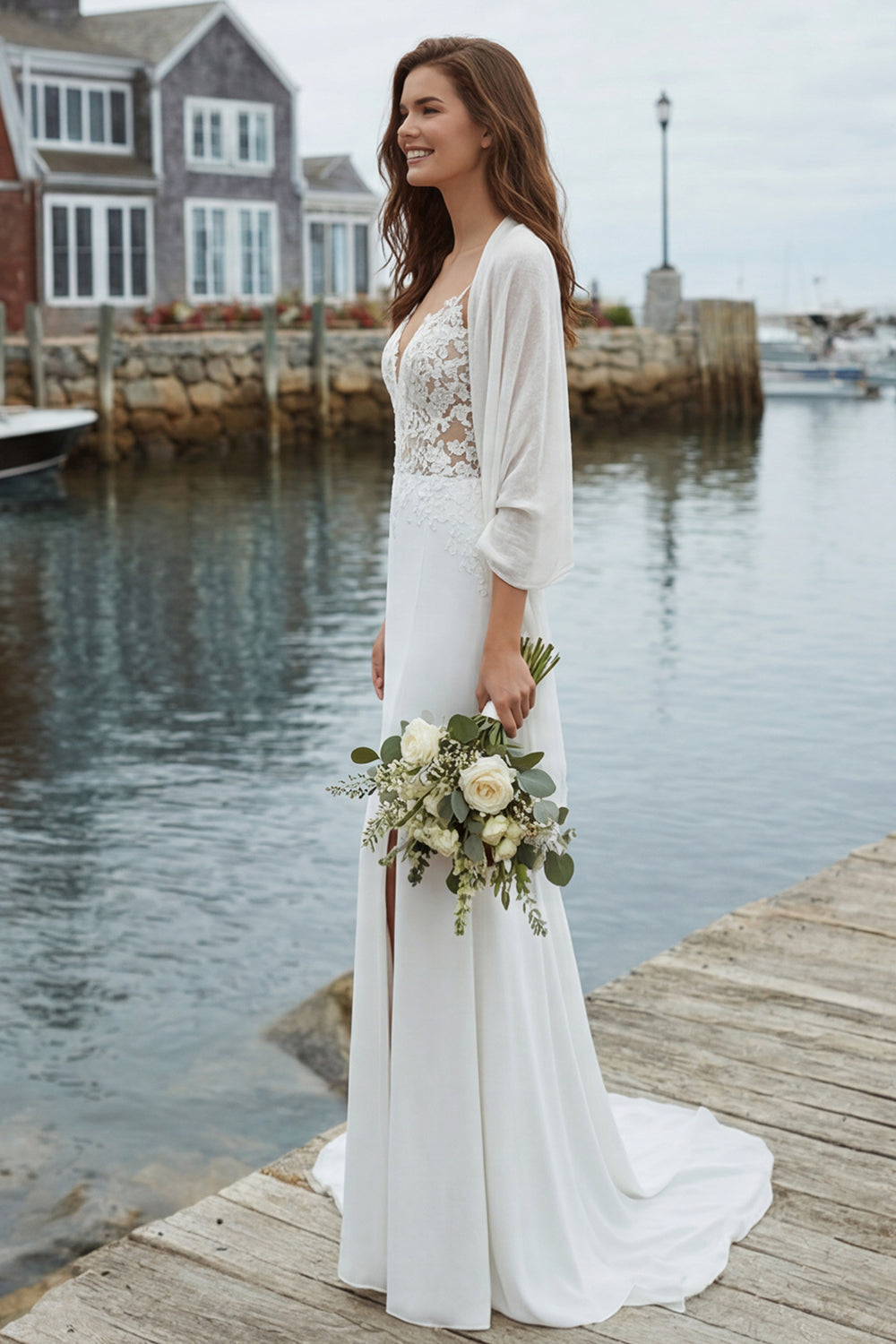 Ivory Mermaid Appliqued Satin Wedding Dress with Court Train