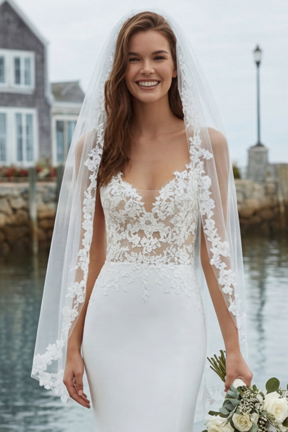 Ivory Mermaid Appliqued Satin Wedding Dress with Court Train
