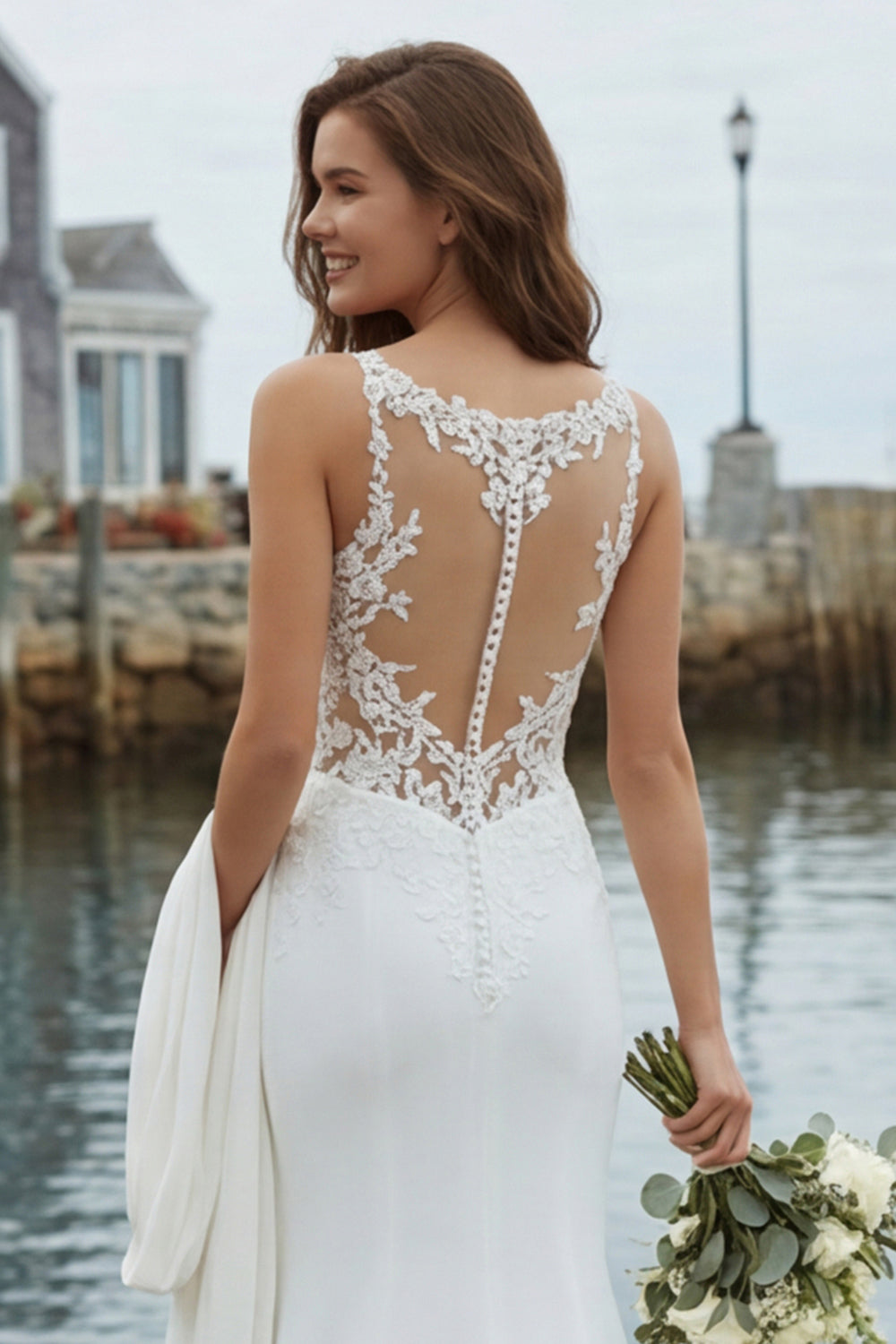 Ivory Mermaid Appliqued Satin Wedding Dress with Court Train