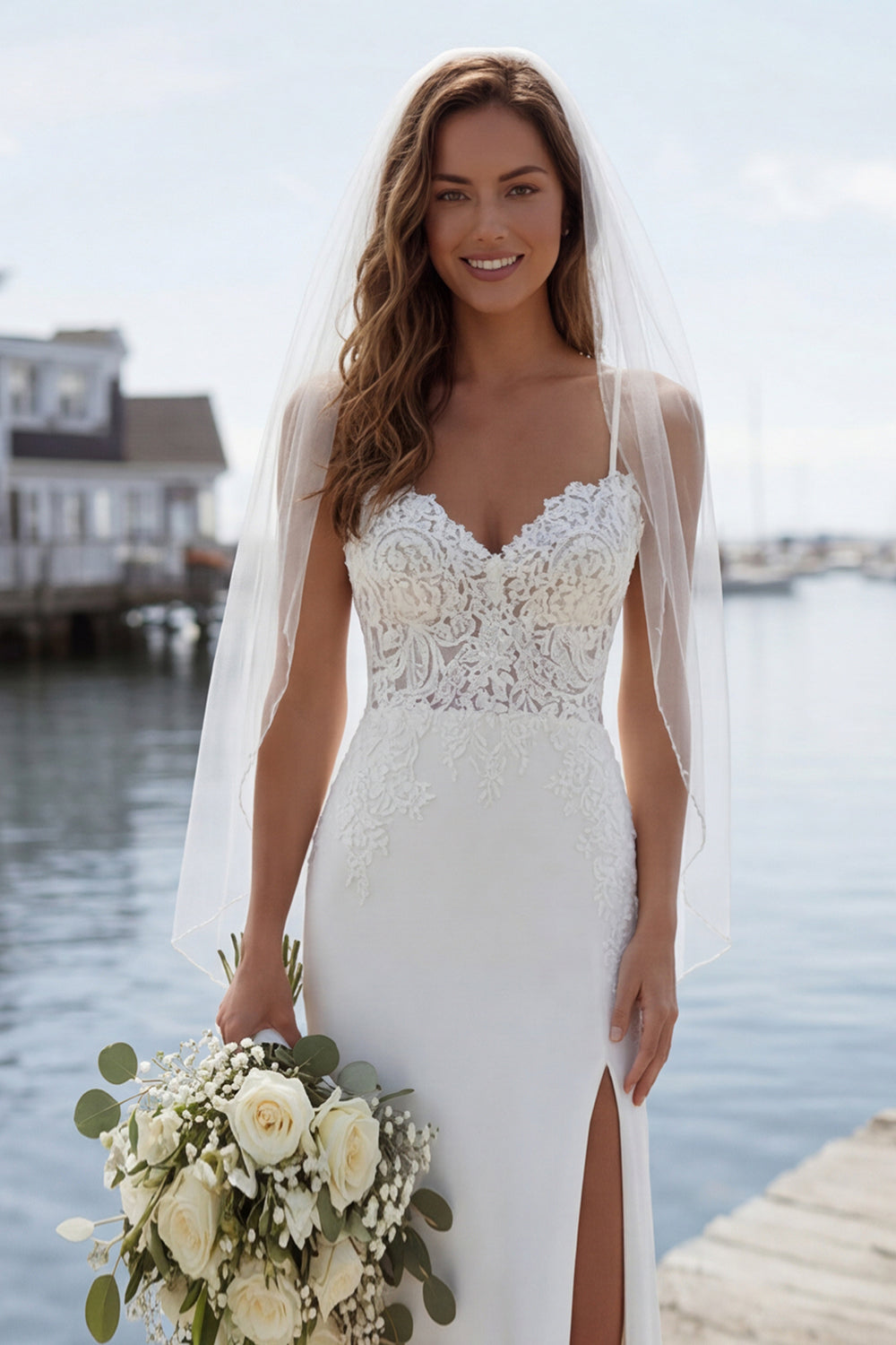 Mermaid Appliqued Ivory Spaghetti Straps Long Wedding Dress with Slit