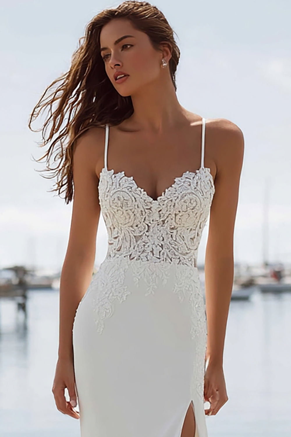 Mermaid Appliqued Ivory Spaghetti Straps Long Wedding Dress with Slit