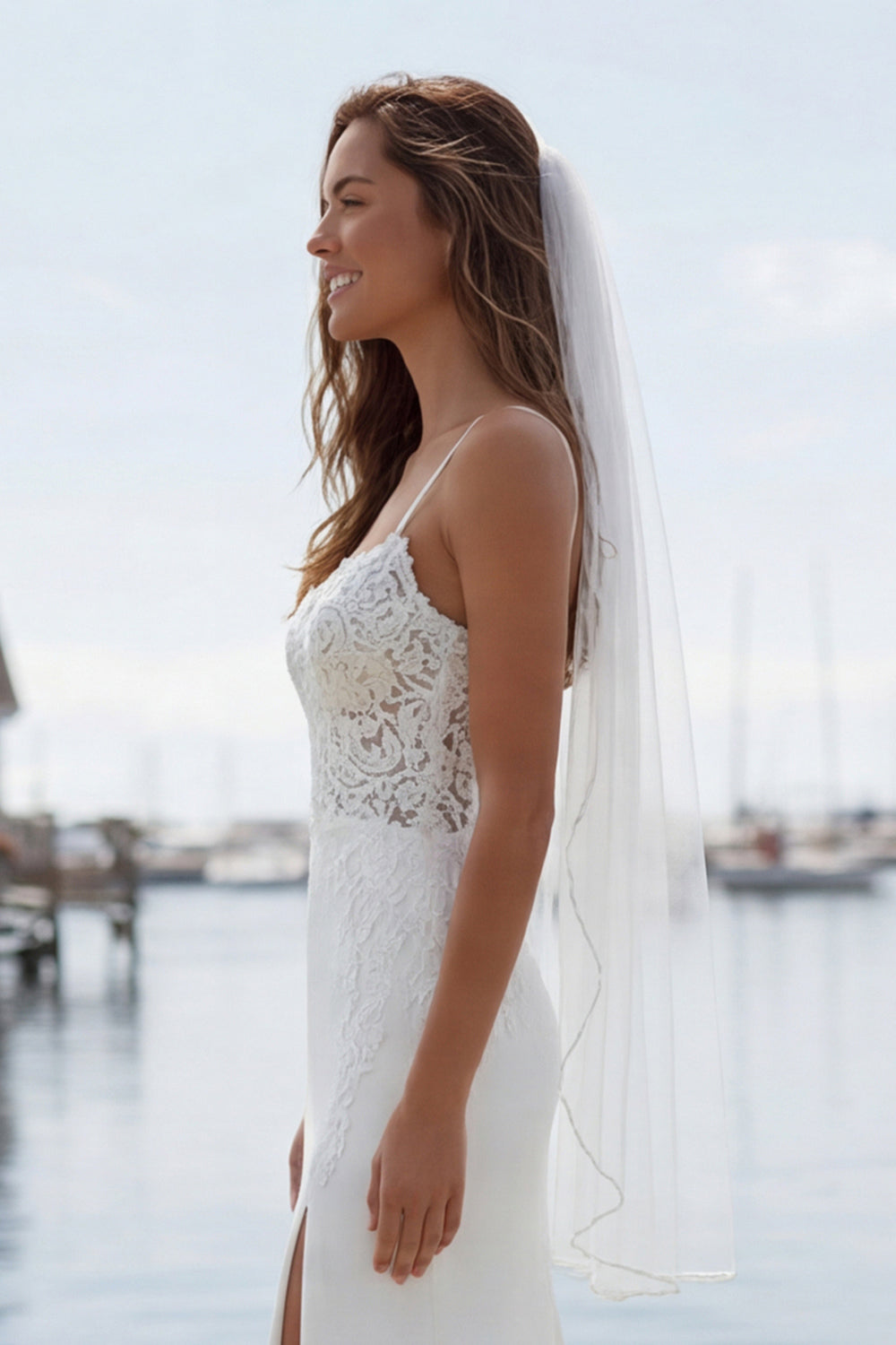 Mermaid Appliqued Ivory Spaghetti Straps Long Wedding Dress with Slit