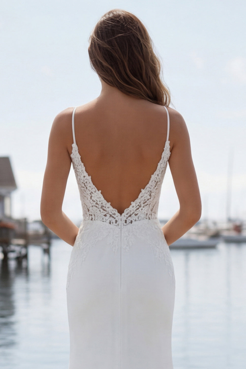 Mermaid Appliqued Ivory Spaghetti Straps Long Wedding Dress with Slit