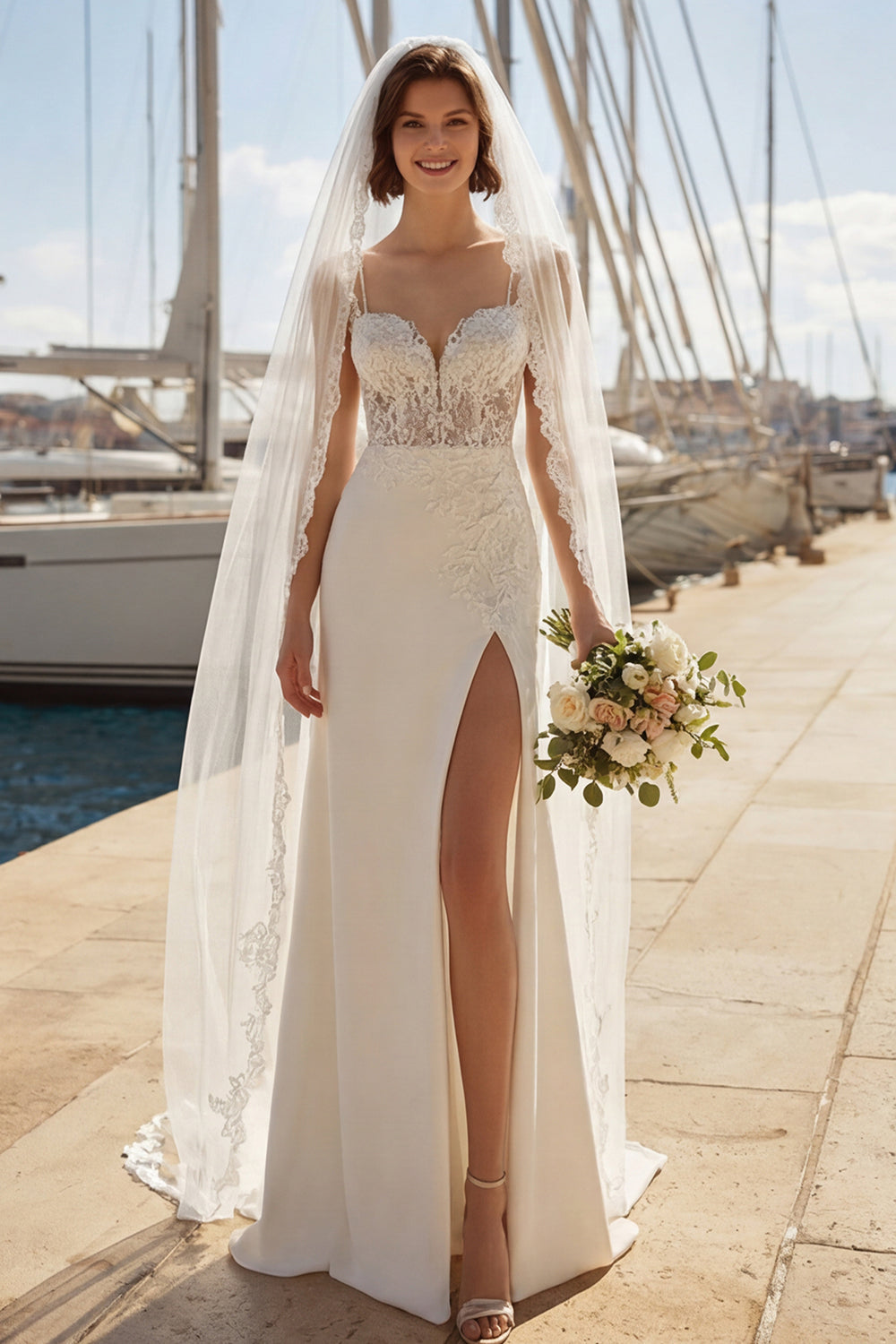 Mermaid Ivory Satin Appliqued Spaghetti Straps Wedding Dress with Slit