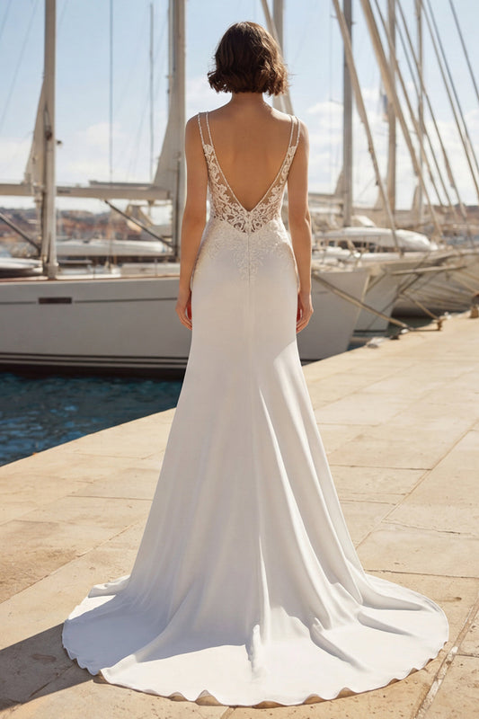 Robe de mariée sirène en satin ivoire avec appliques, bretelles spaghetti et fente