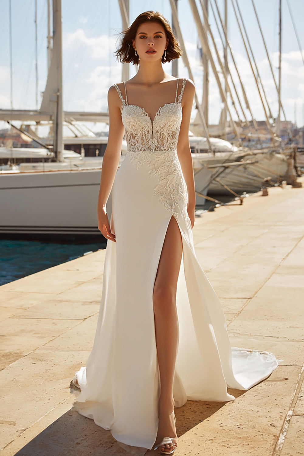 Mermaid Ivory Satin Appliqued Spaghetti Straps Wedding Dress with Slit