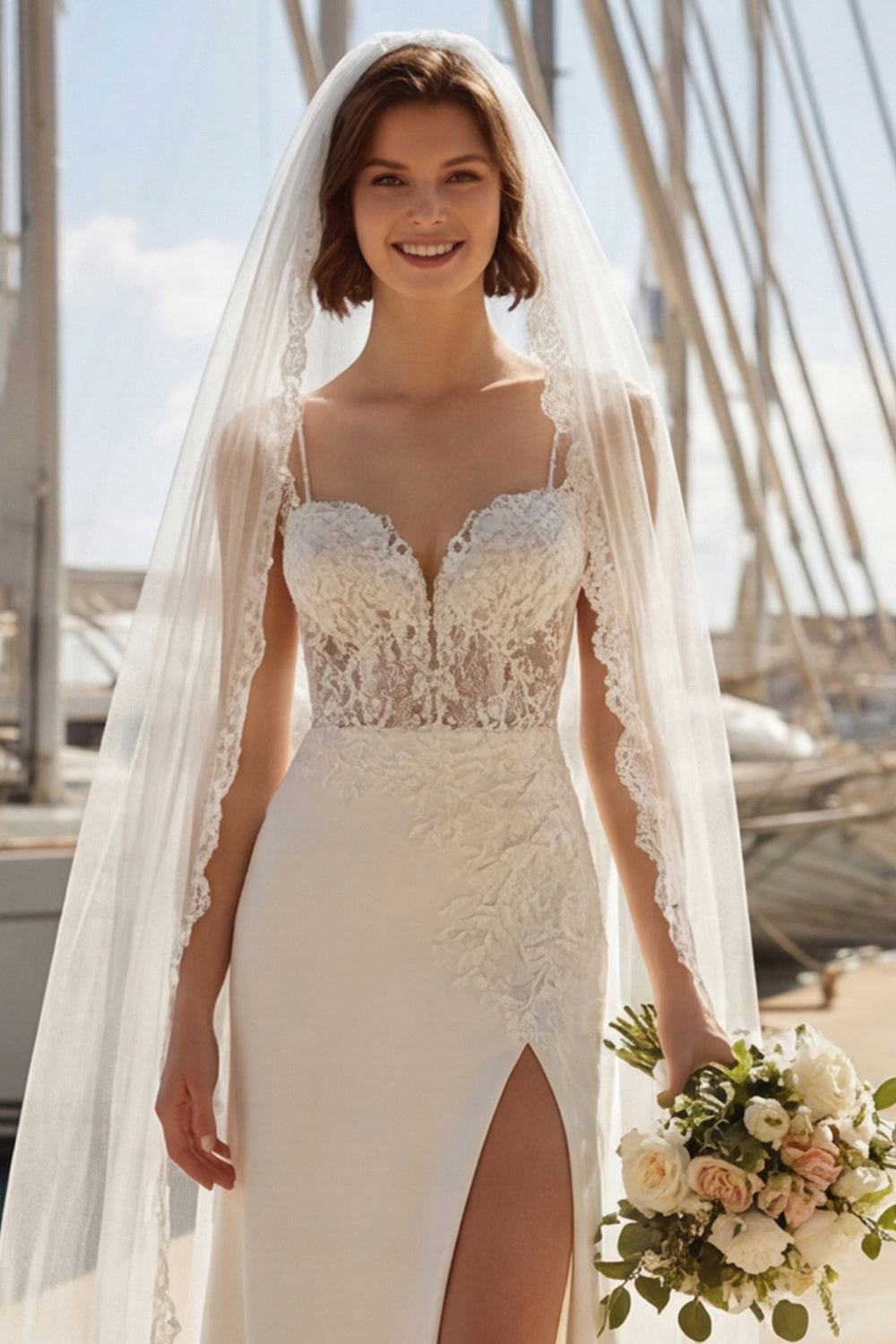 Mermaid Ivory Satin Appliqued Spaghetti Straps Wedding Dress with Slit