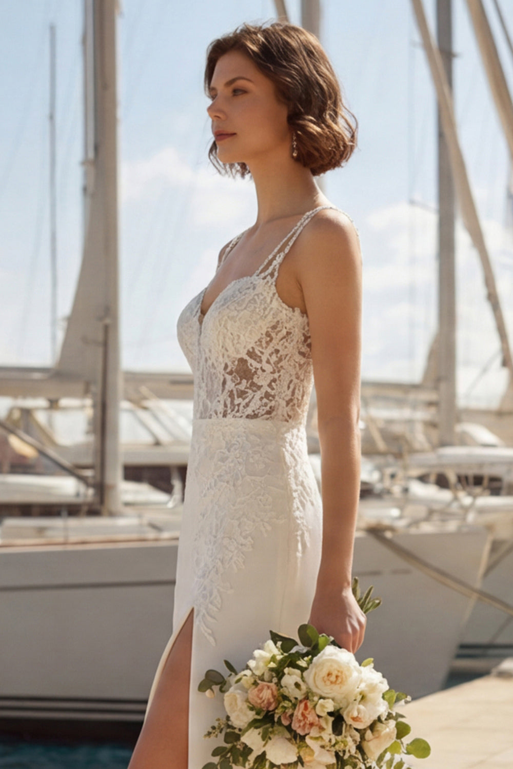 Mermaid Ivory Satin Appliqued Spaghetti Straps Wedding Dress with Slit