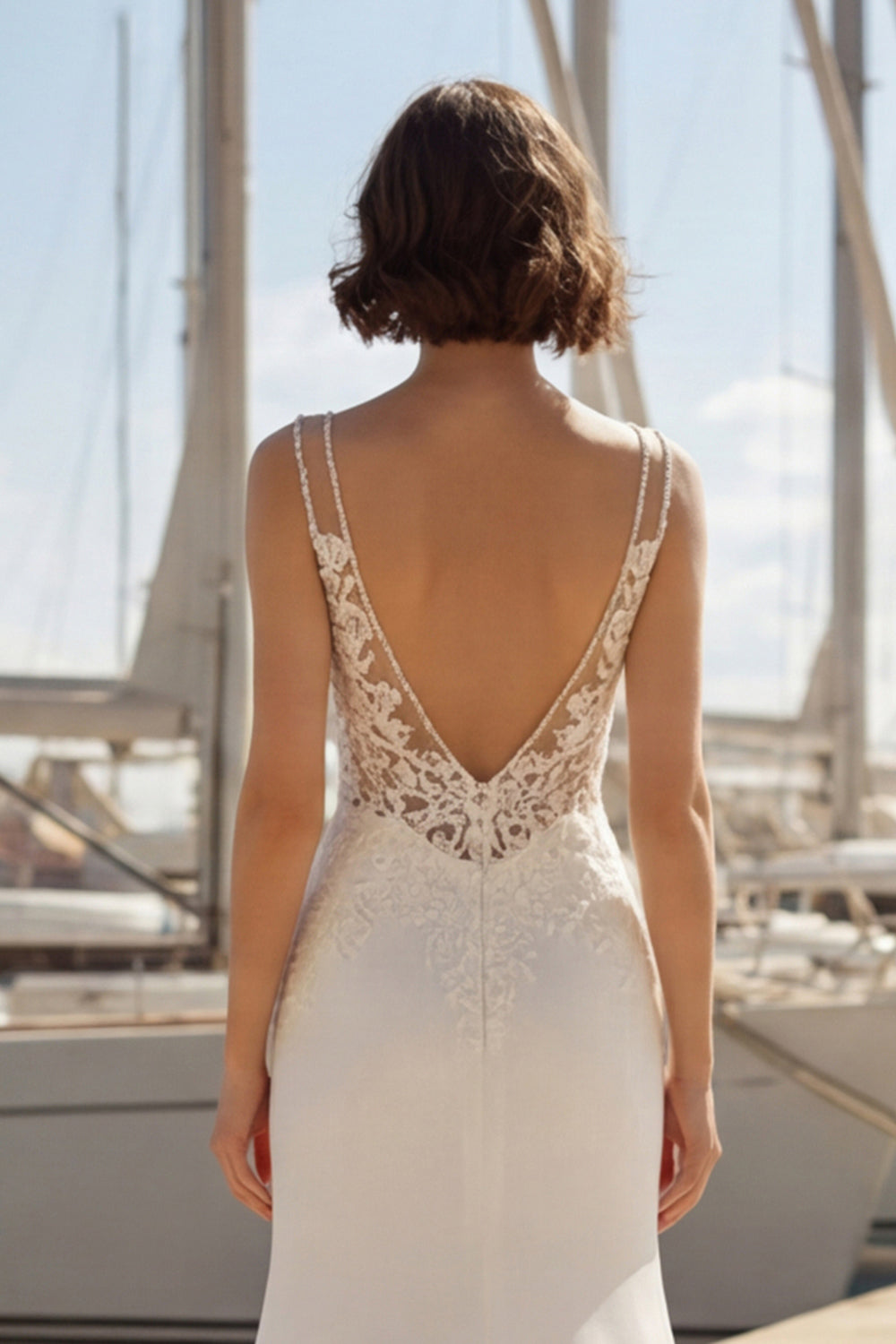 Mermaid Ivory Satin Appliqued Spaghetti Straps Wedding Dress with Slit