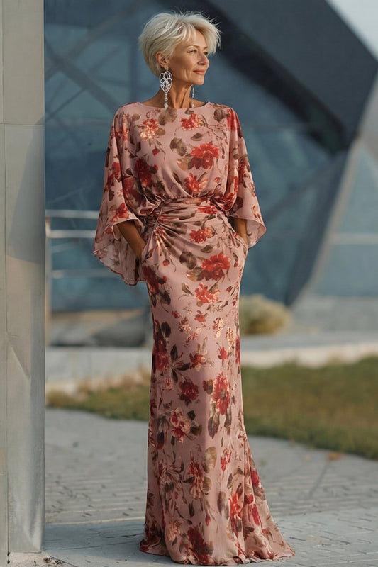 Dusty Rose Floral Ruched Sheath Mother of the Bride Dress with Long Sleeves