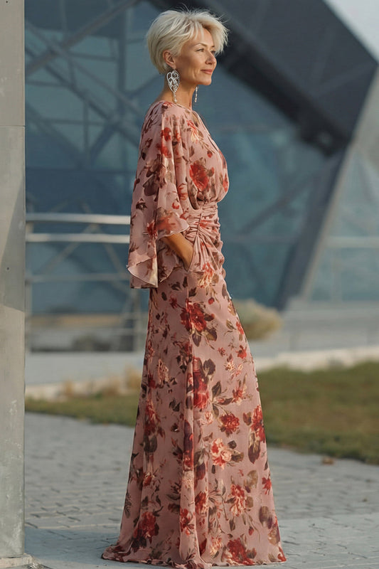 Dusty Rose Floral Ruched Sheath Mother of the Bride Dress with Long Sleeves