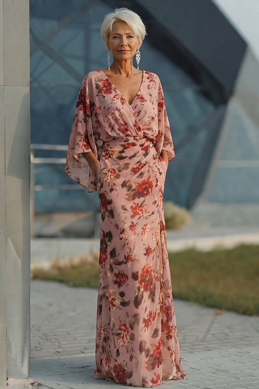 Dusty Rose Floral V Neck Sheath Mother of the Bride Dress with Flared Sleeves