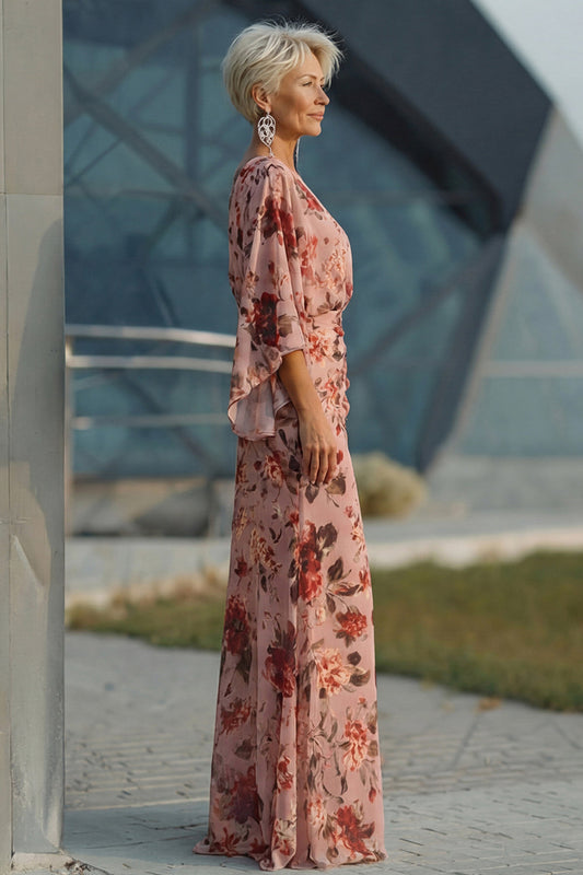 Dusty Rose Floral V Neck Sheath Mother of the Bride Dress with Flared Sleeves