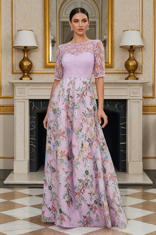 Lilac A-Line Floral Half-Sleeve Long Mother of the Bride Dress with Embroidery