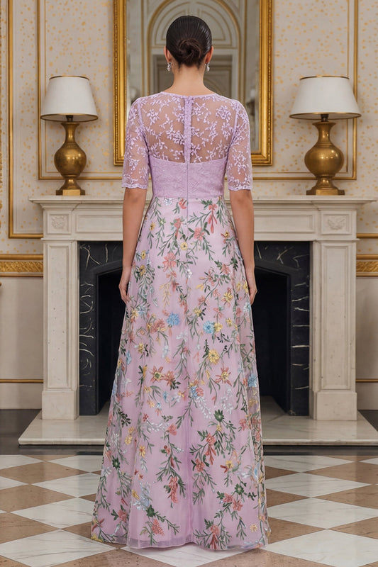 Lilac A-Line Floral Half-Sleeve Long Mother of the Bride Dress with Embroidery